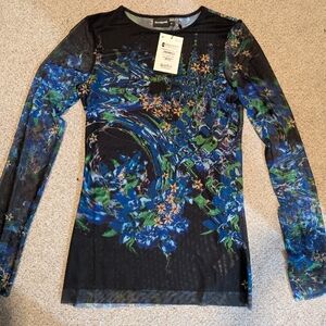 Desigual Mesh Black and Blue Floral Long Sleeve Top, Size M